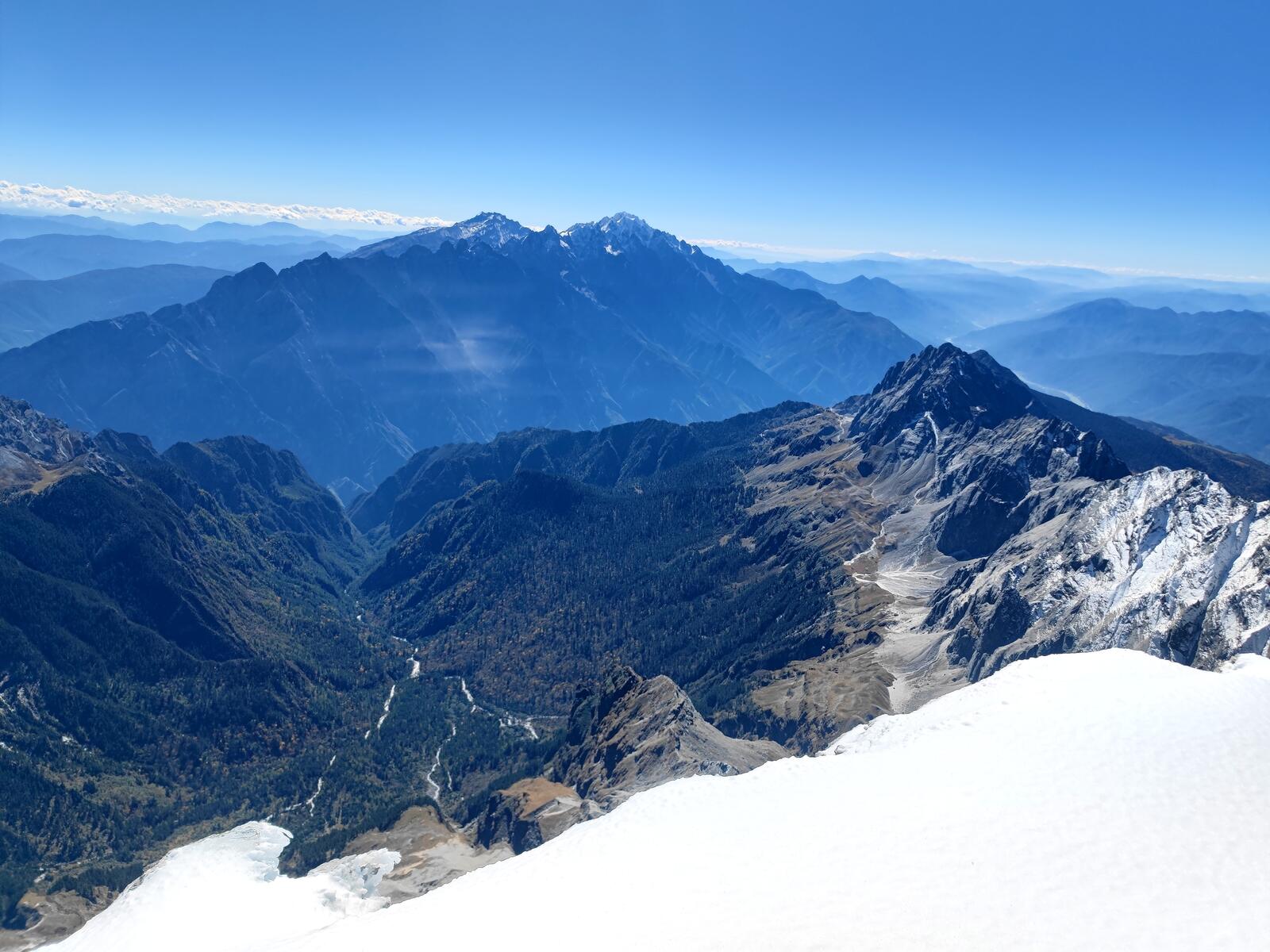 Jade Dragon Snow Mountain and the Tiger Leaping Gorge valley, seen from Haba's summit.