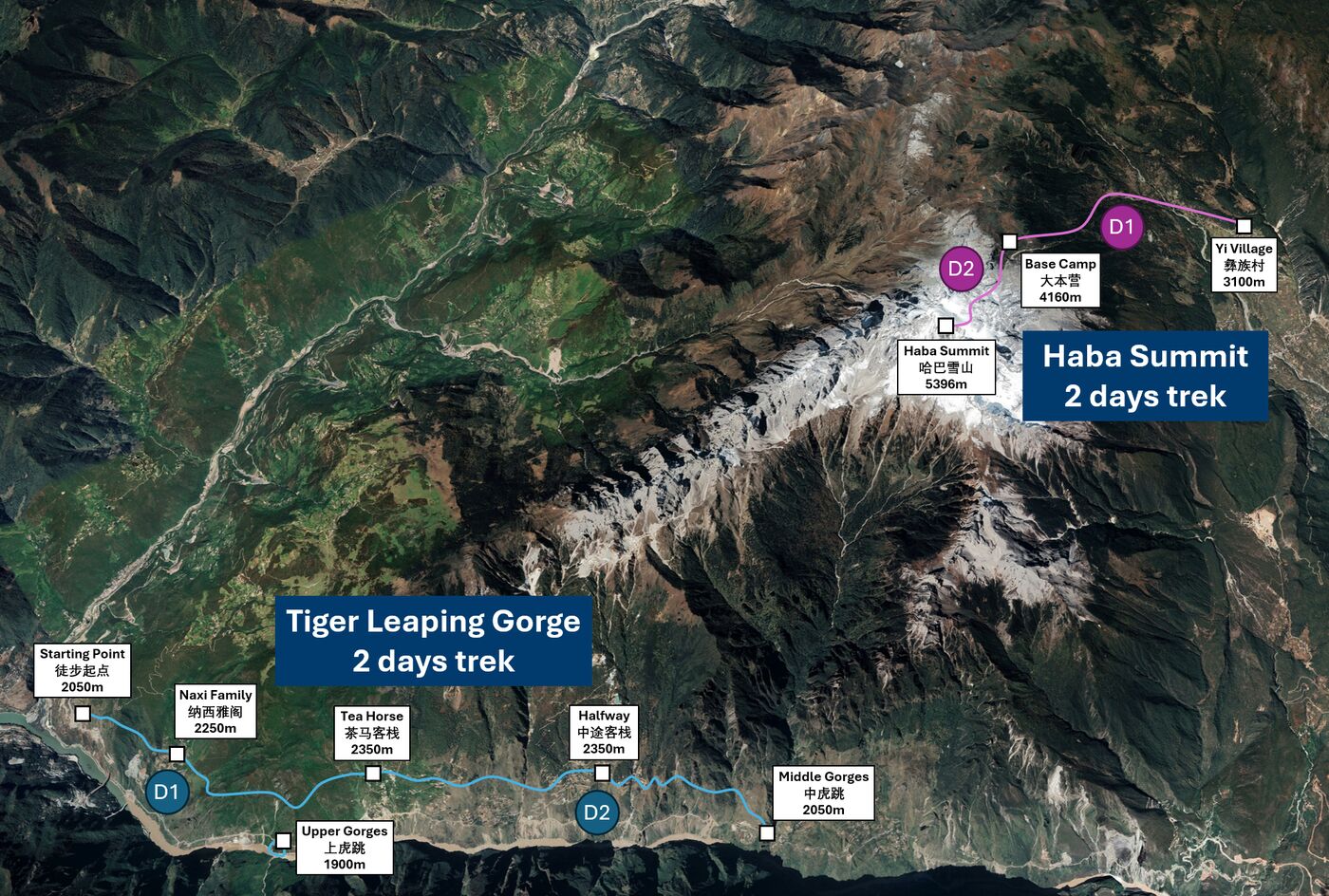Satellite map of the Haba Summit route: Yi Village (3,100m) to Base Camp (4,160m) to Haba Summit (5,396m), shown alongside the neighboring Tiger Leaping Gorge trek for scale.